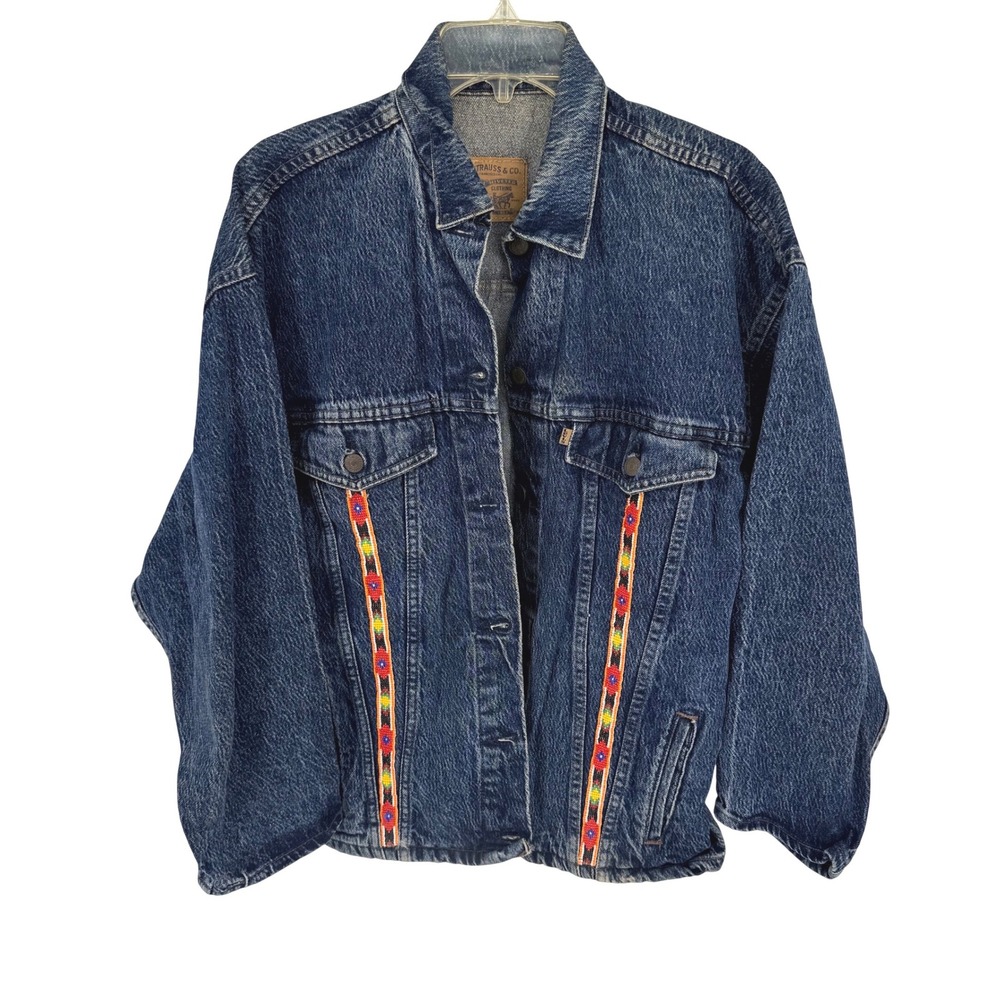 Vtg Levi's Denim Trucker Jacket Tribal Beaded Embellishment Western NO SZ TAG